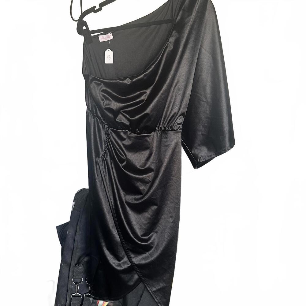 Pink Lily 2X Elegant Black Satin Top with Draped Neckline